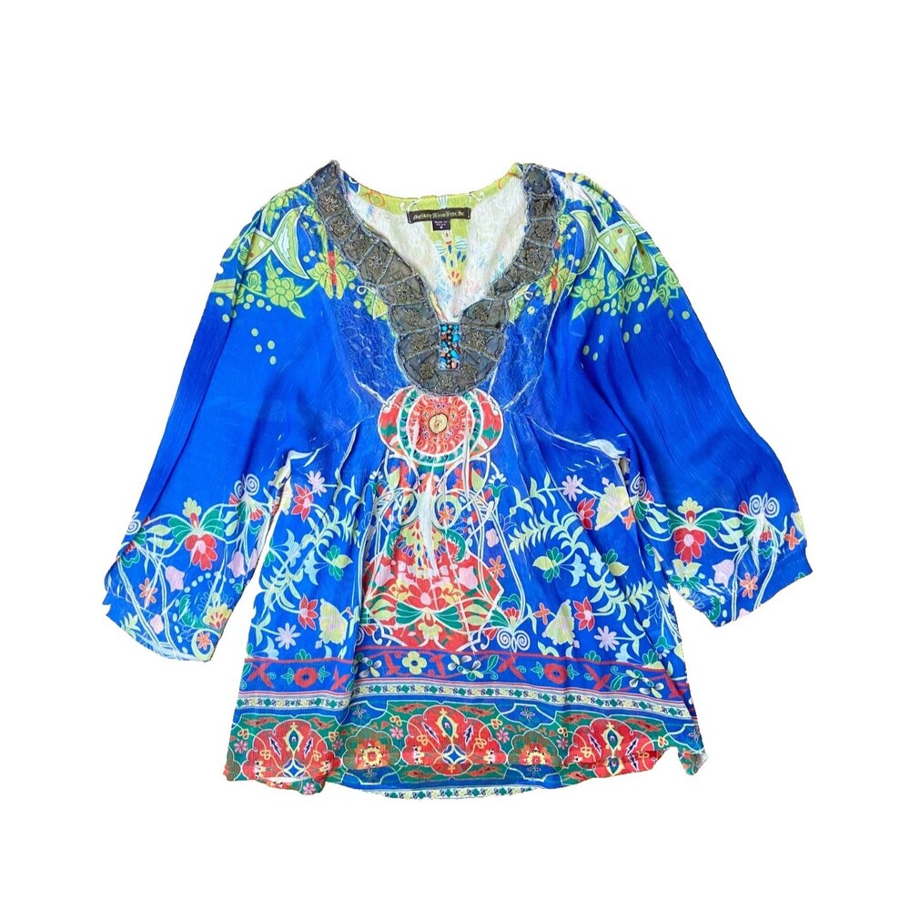 Mushka by Sienna Rose Top Women M Hippie Boho Beaded Lace Artsy Tunic Semi Sheer
